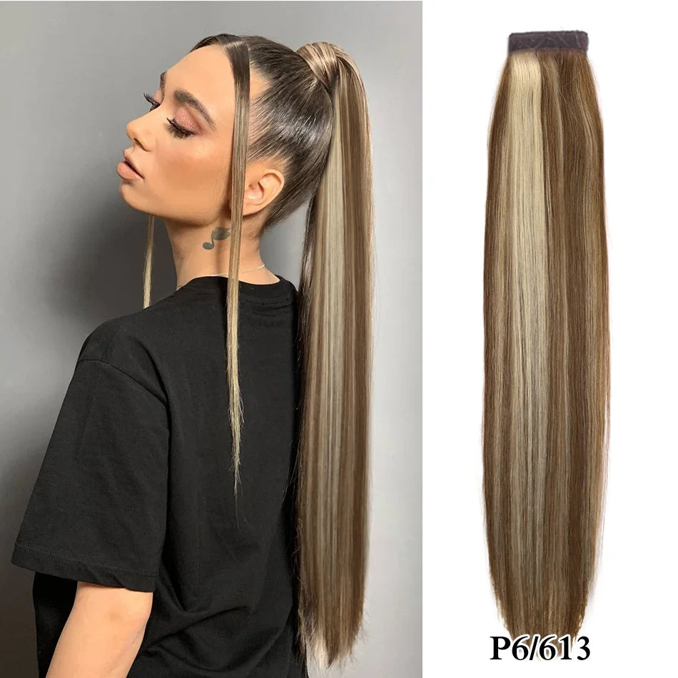 Straight Brazilian Remy human hair wrap-around ponytail extension in a sleek horsetail style