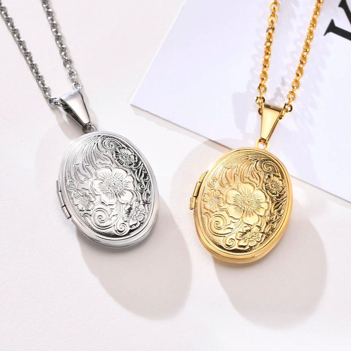 Floral oval heart locket pendant necklace for women by HSF, shown with an intricate flower design