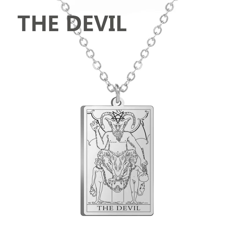 Stainless steel Dawapara Tarot Cards necklace featuring Major Arcana symbols, divination charm jewelry for women.