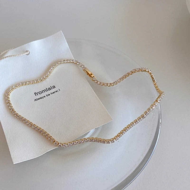 Iced Out Tennis Chain Necklaces Female Gold Color 18K Gold Plated Neck Chain For Women Fashion Jewelry Gift Chocker 2024