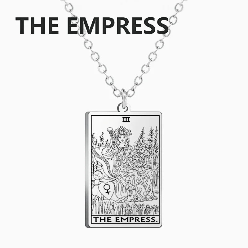 Stainless steel Dawapara Tarot Cards necklace for women featuring Major Arcana divination charm and wealth amulet jewelry.