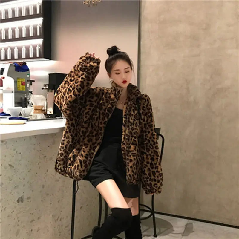 Women's leopard print warm faux fur parka jacket by HSF Marketplace