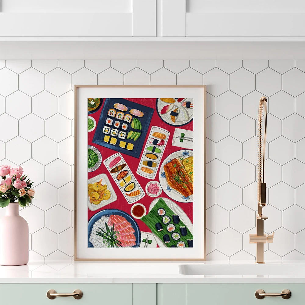 Sushi canvas art by HSF Marketplace for modern kitchen decor, featuring colorful sushi illustrations