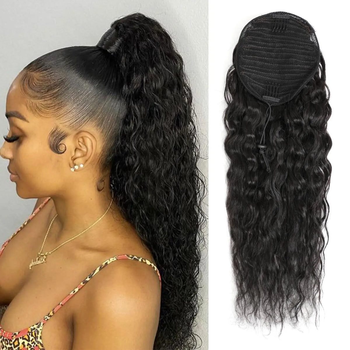 Water wave wrap-around drawstring ponytail human hair extension clip-in hairpiece for women