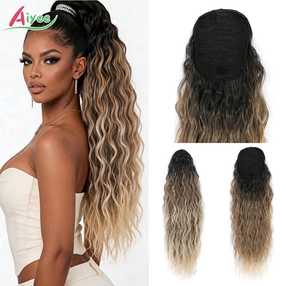HSF Marketplace 26-inch ombre brown-blonde curly drawstring ponytail clip, heat-resistant synthetic hair