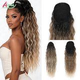 HSF Marketplace 26-inch ombre brown-blonde curly drawstring ponytail clip, heat-resistant synthetic hair