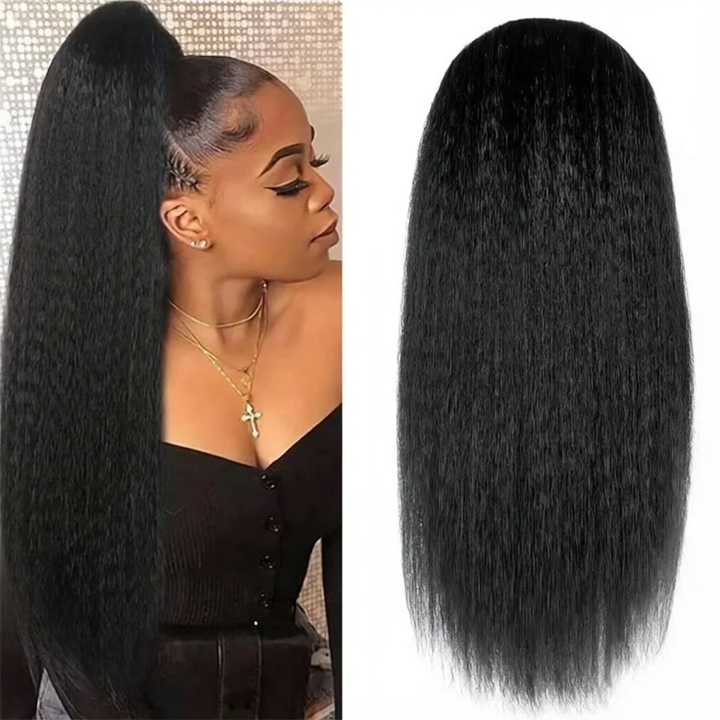 Kinky straight Brazilian Remy human hair drawstring ponytail extension in natural color by HSF Marketplace