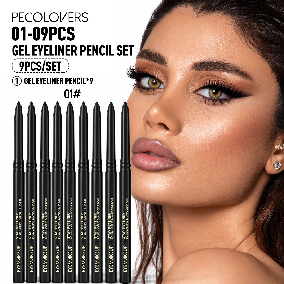 9-piece black gel eyeliner pencil kit with smooth-gliding, waterproof, sweat-resistant formula for makeup beginners