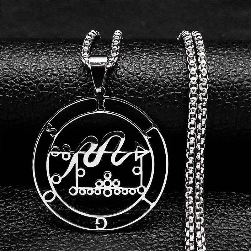 Stainless steel Satan necklace with Baphomet stamp and laser-etched Sigil De Lucifer design, featuring chain jewelry style.