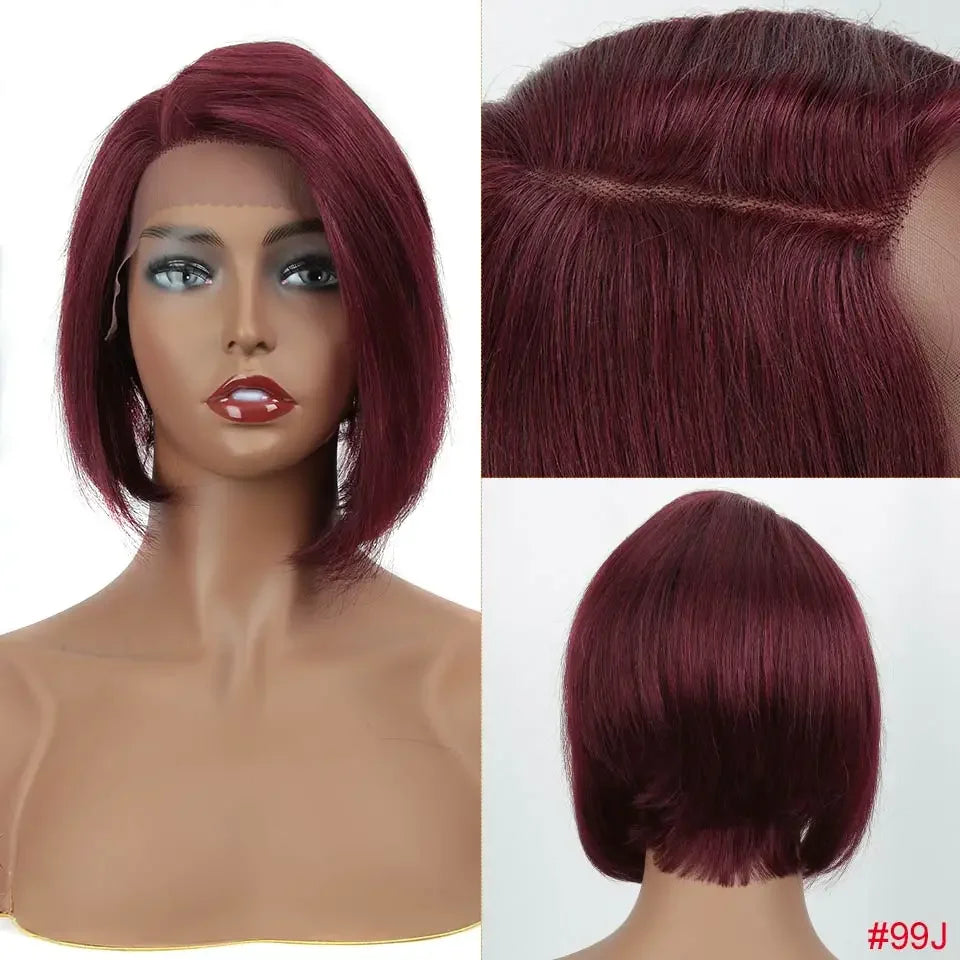 Straight human hair lace front bob wig with natural hair color, parting detail, and sleek short length for a stylish look.