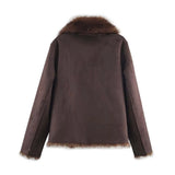 Women's 2026 winter faux fur jacket with long sleeves, double-sided design, and thick warm casual coat styling