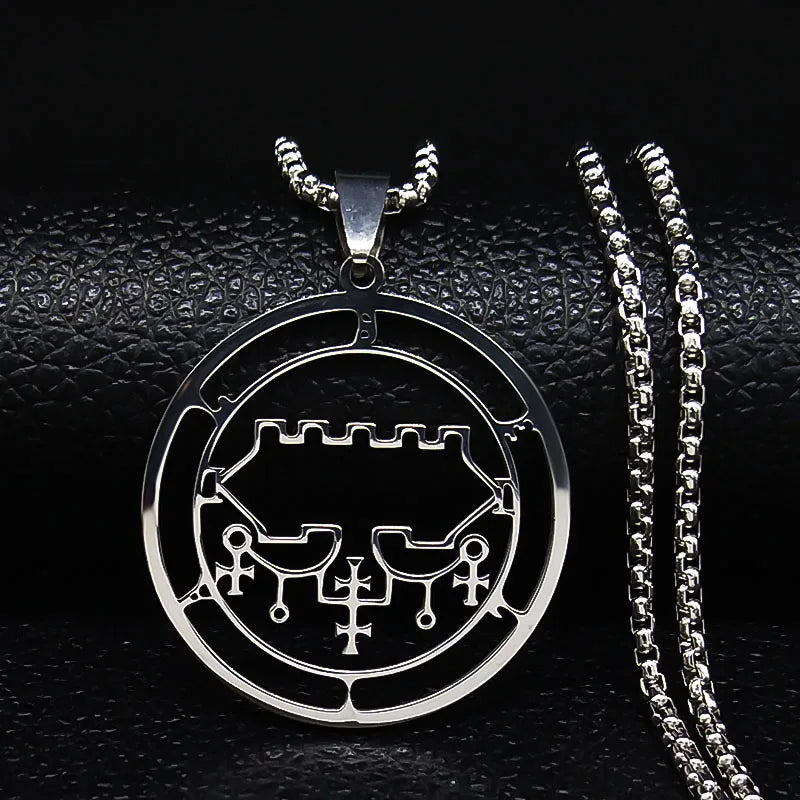 Stainless steel Satan necklace with Baphomet stamp and laser-etched Sigil de Lucifer design, featuring chain jewelry style.
