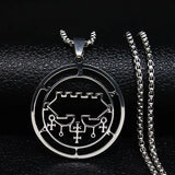 Stainless steel Satan necklace with Baphomet stamp and laser-etched Sigil de Lucifer design, featuring chain jewelry style.