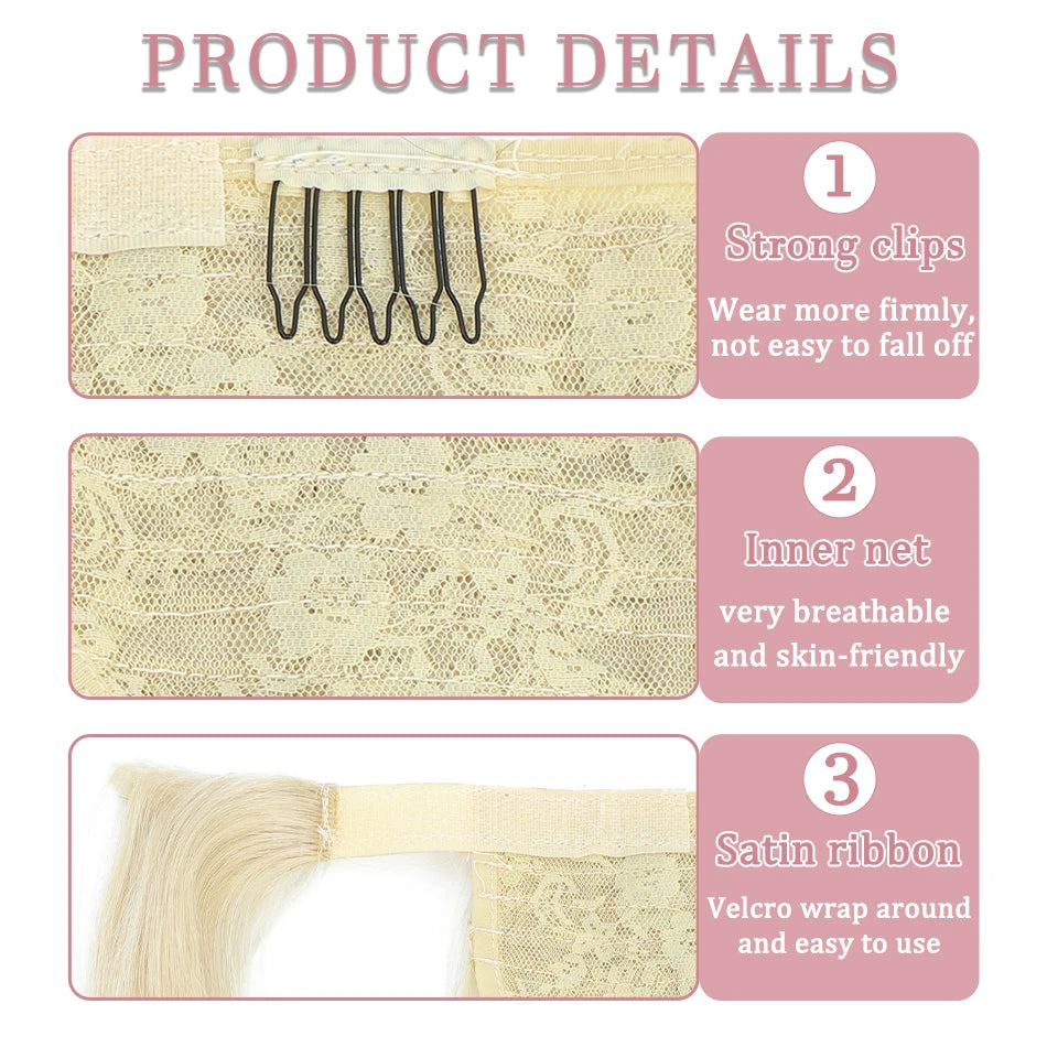 Straight Brazilian Remy human hair wrap-around clip-in ponytail extensions, 200 grams, 18–28 inches