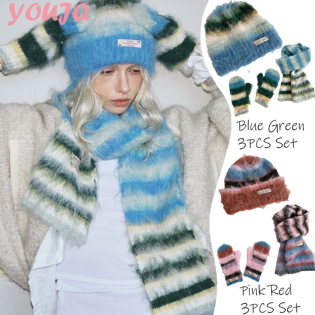 Y2K striped winter scarf, gloves, and hat set for women by HSF Marketplace