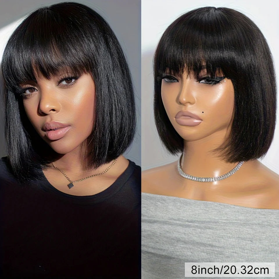 Rebecca ombre brown straight short bob wig with bangs, human hair, full machine-made, wearable human hair wig in brown color