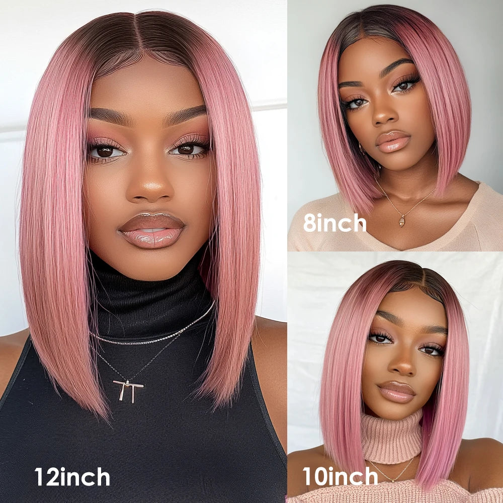 Rebecca ombre pink transparent short lace front wig with straight Peruvian human hair and pre-plucked 13x5 lace for women.