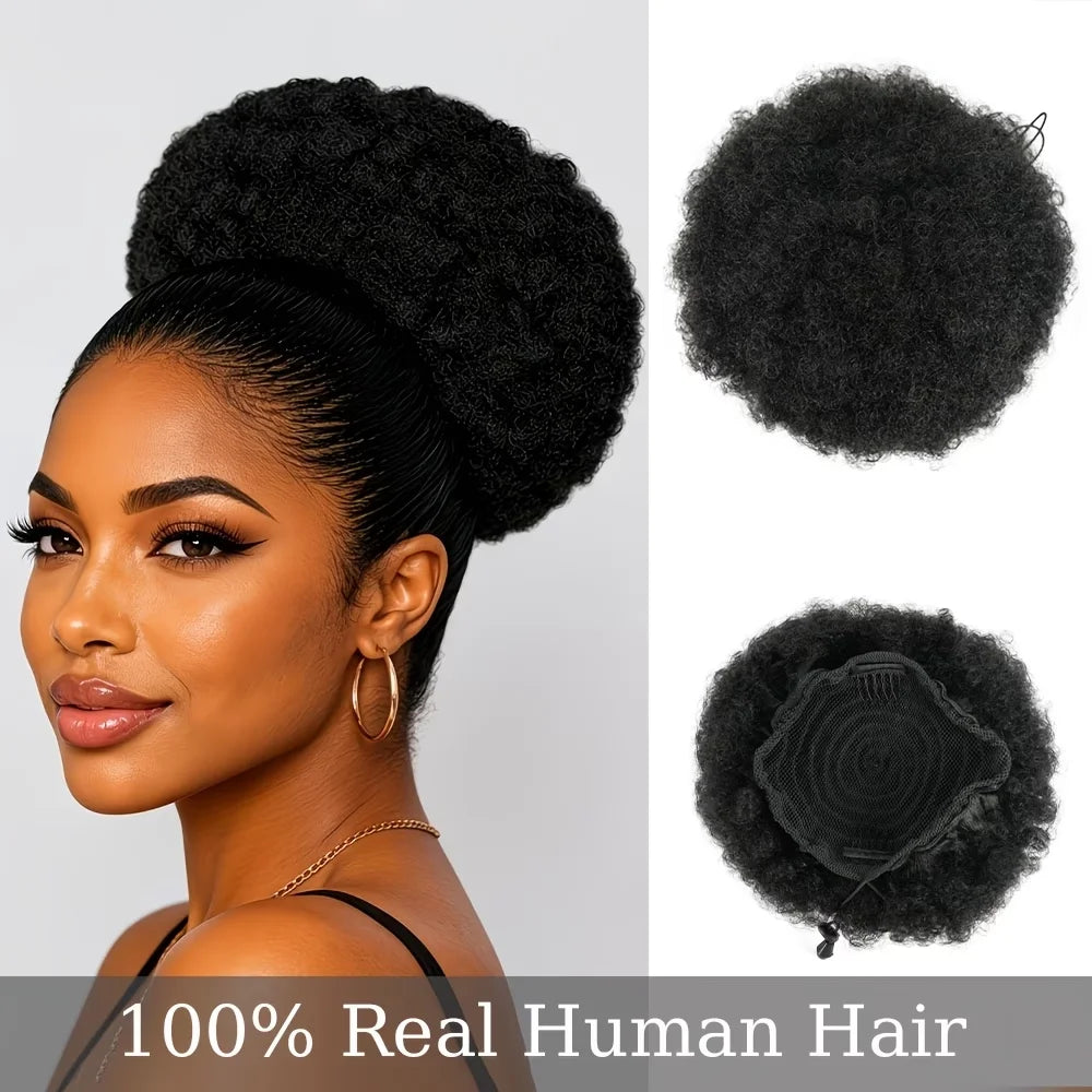 Natural black short voluminous kinky afro puff drawstring bun human hair chignon ponytail by HSF Marketplace