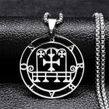Stainless steel Satan necklace with Sigil de Lucifer, Baphomet stamp, and laser-etched chain jewelry featuring Asmoday design