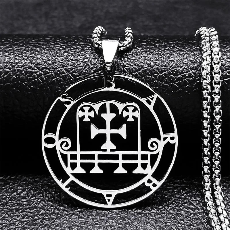 Stainless steel Satan necklace with Sigil de Lucifer, Baphomet stamp, and laser-etched chain jewelry featuring Asmoday design