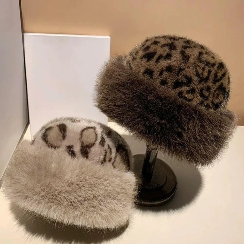 Women's leopard print faux fur fisherman hat, thick warm winter Russian-style windproof hat by HSF Marketplace