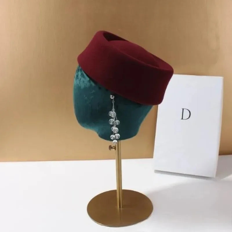 Women's wool felt beret hat with vintage concave hard top, pillbox fascinator style for weddings and parties