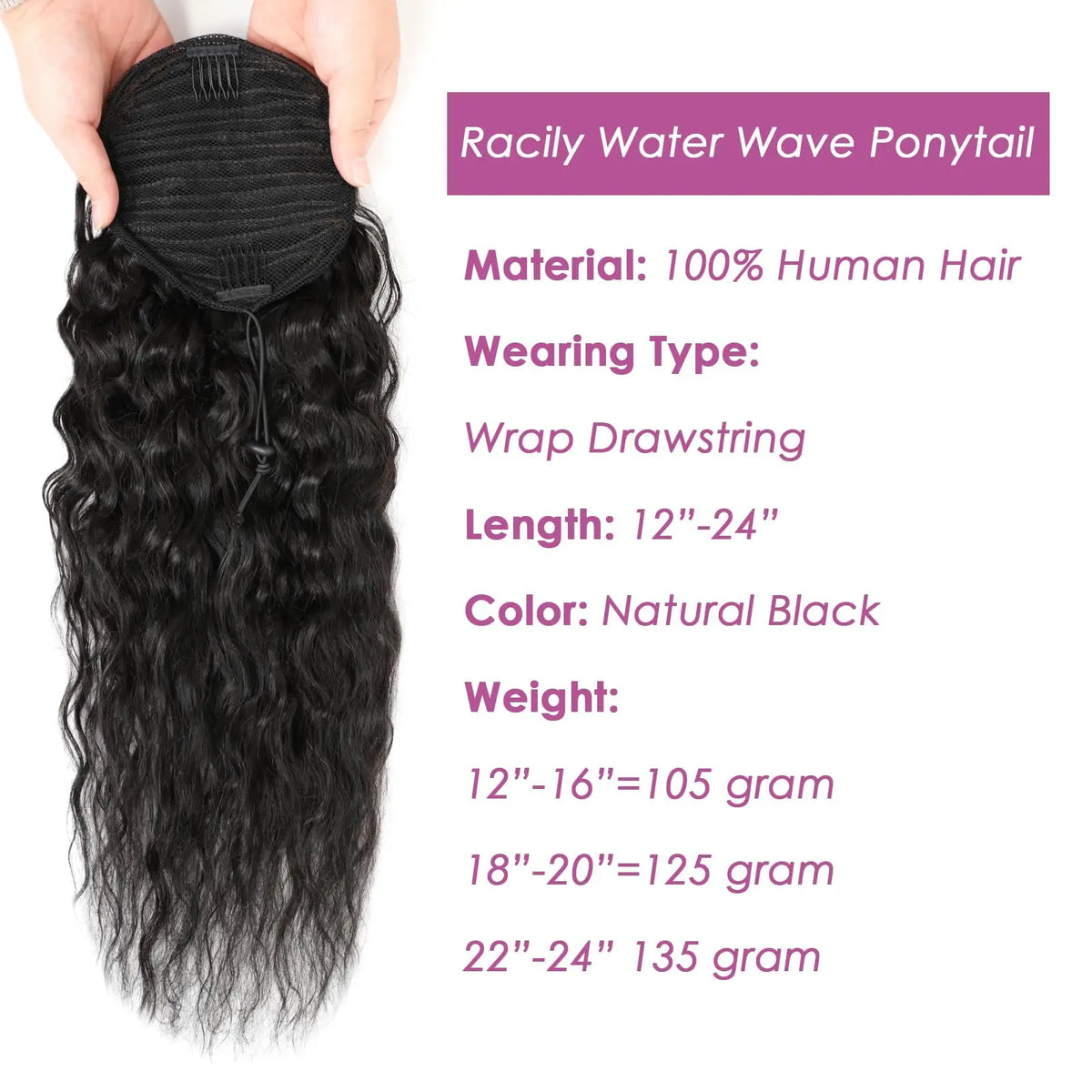 Water wave wrap-around drawstring ponytail human hair extension, long clip-in hairpiece for women