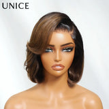 UNICE Bye-Bye Slip 7x5 Lace Ombre Brown Left Side Part Straight Bob Wig With Blowout Bangs Drawstring Glueless Wig 150% Density
