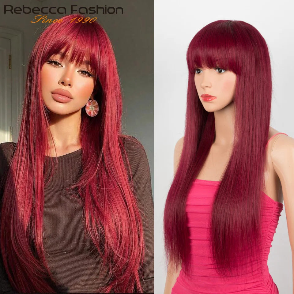 Burgundy straight human hair wig with bangs for women by HSF Marketplace