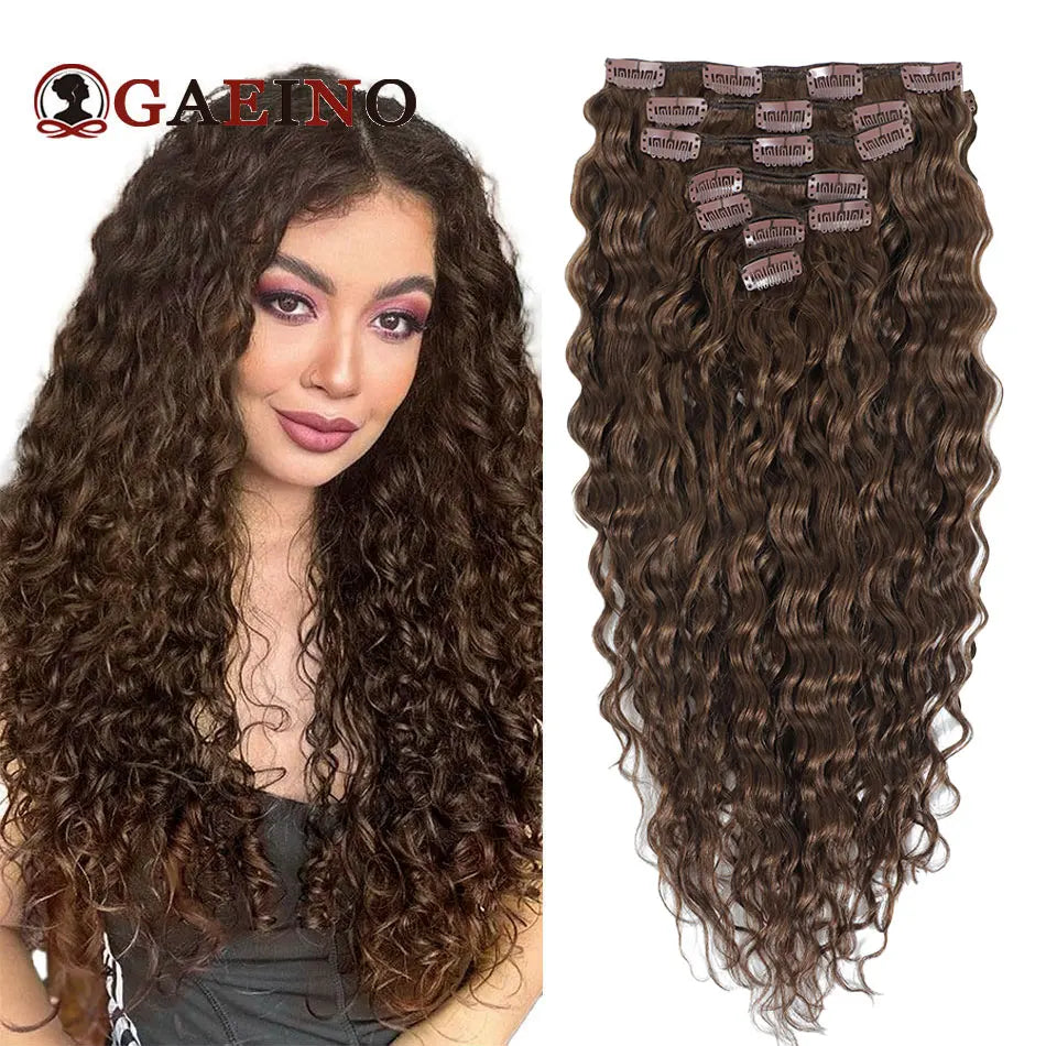 12A Grade Water Wave Clip-In Hair Extensions, 100% Human Hair Remy 7-Piece Set, 14-24 Inch Wet Wavy Hairpieces