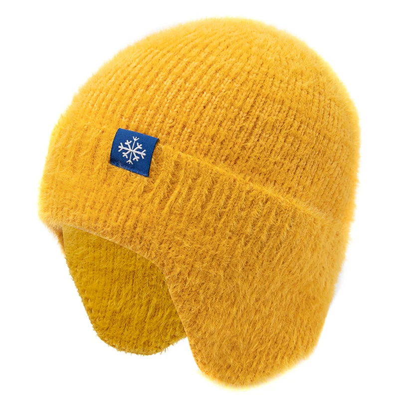 Women's candy-color earflap winter hat with soft faux fur, knitted beanie design, and Kpop streetwear style