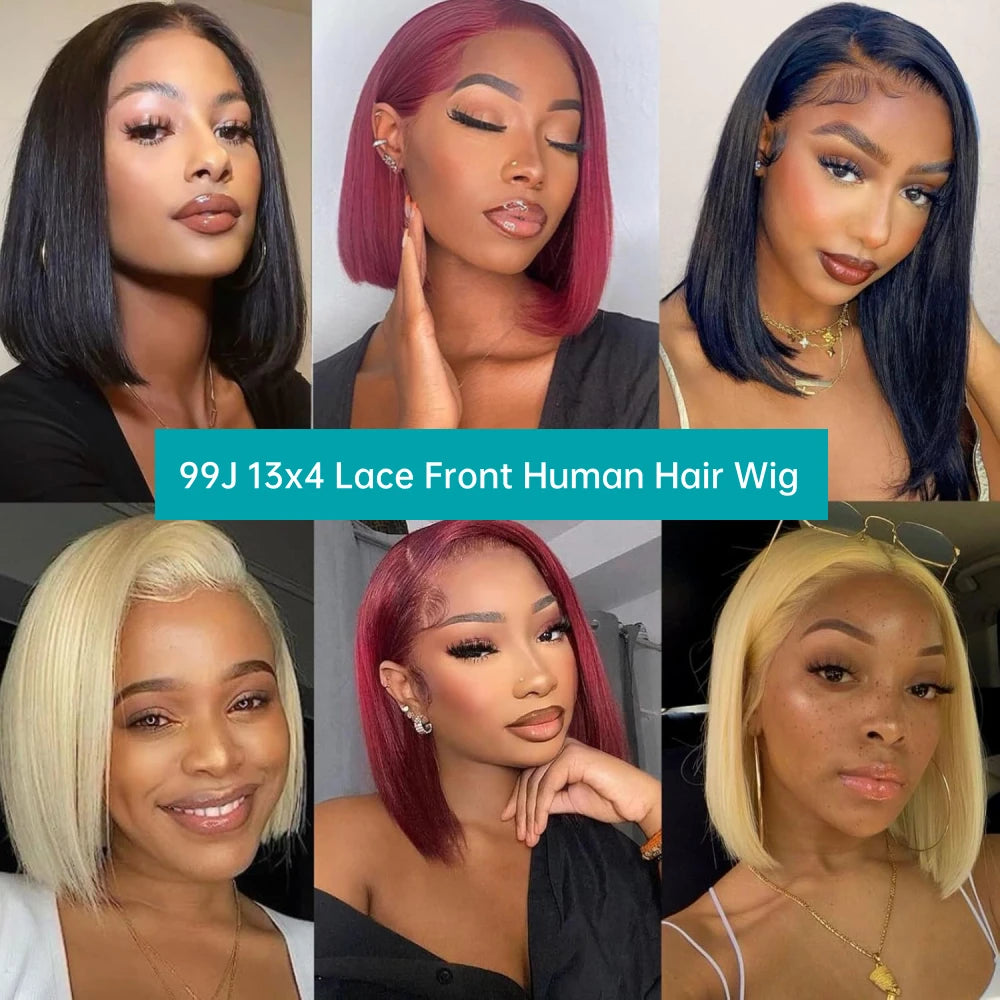 Burgundy 99J short straight human hair wig with 13x4 frontal lace, shown on a mannequin head
