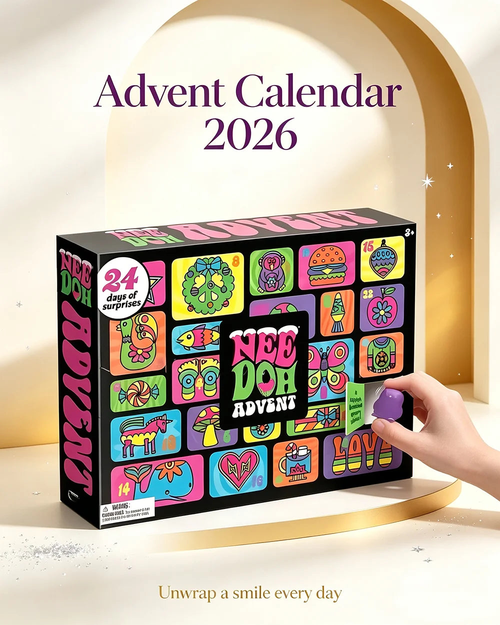 Hot Needoh Advent Calendar by HSF Marketplace featuring 24 surprise sensory squishy toys for stress relief and family fun.