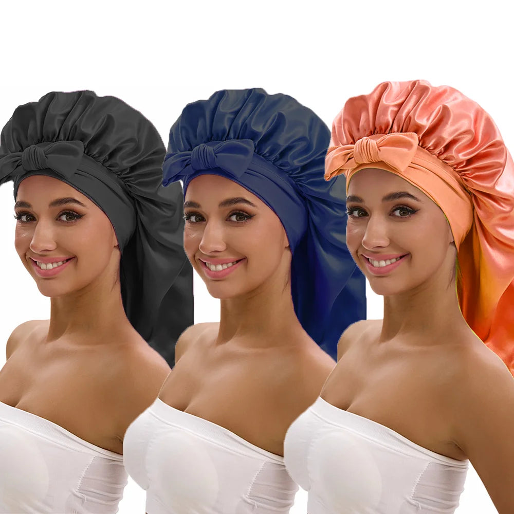 3-piece satin long bonnet set with wide brim and bow tie by HSF Marketplace