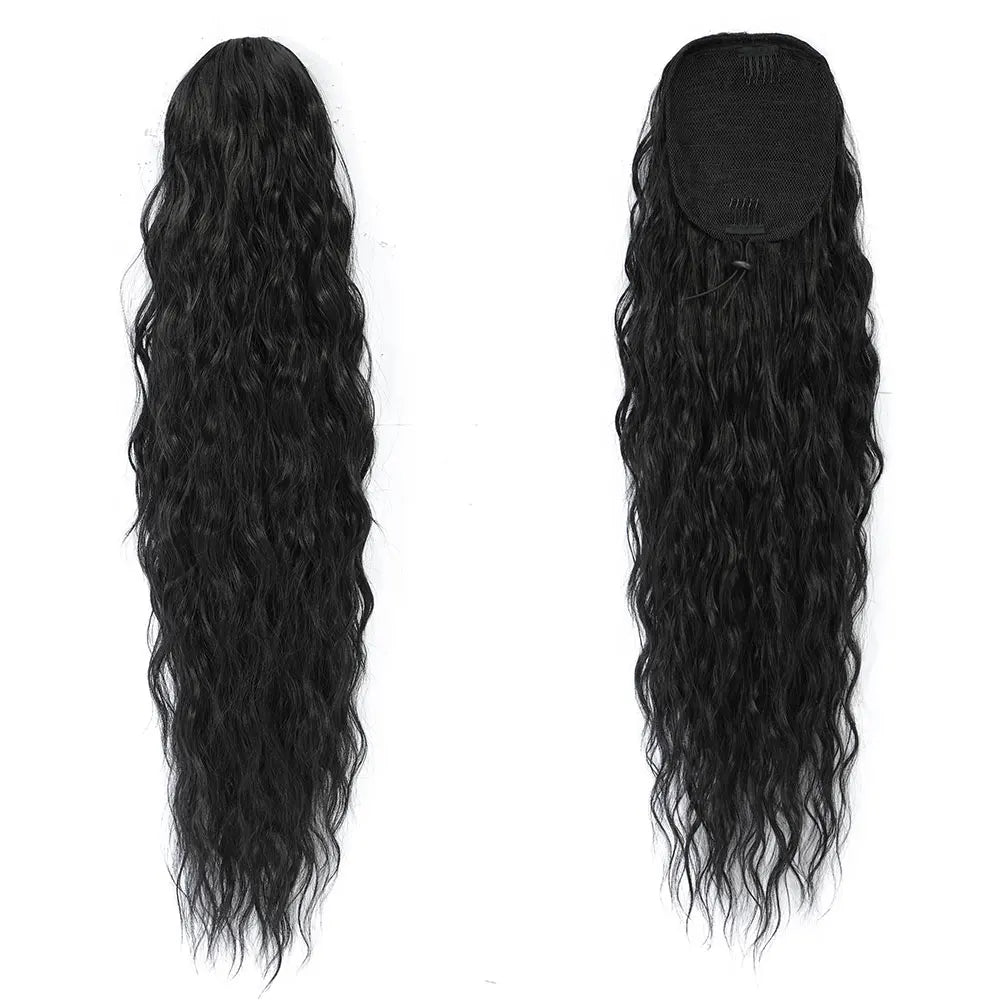 HSF Marketplace 26-inch ombre brown blonde curly drawstring ponytail clip, 180g synthetic heat-resistant hair