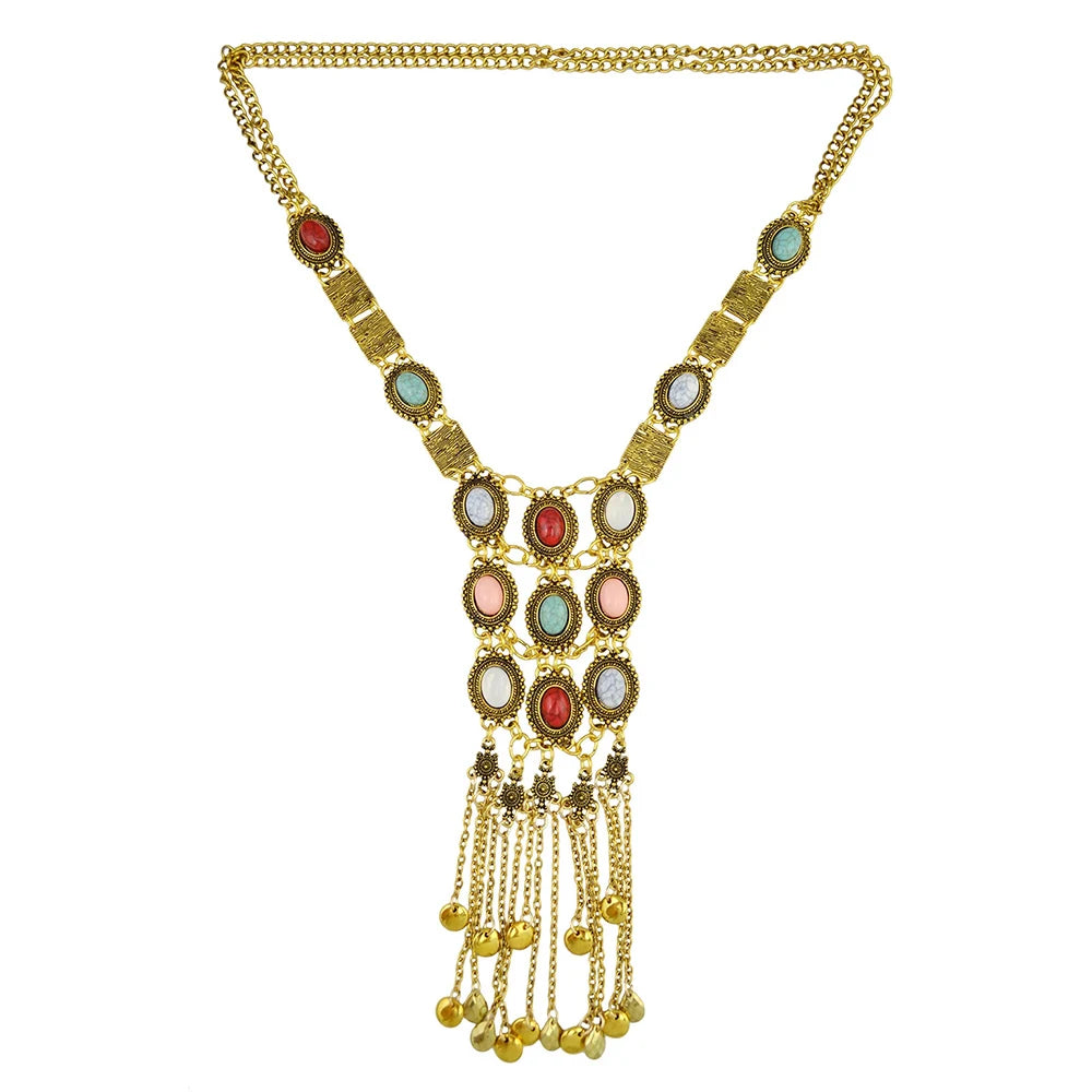 Multi Layer Colorful Turquoise Gemstone Bell Tassel Necklace Retro Ethnic Bib Long Geometry Pendant Collar Gypsy India Jewelry