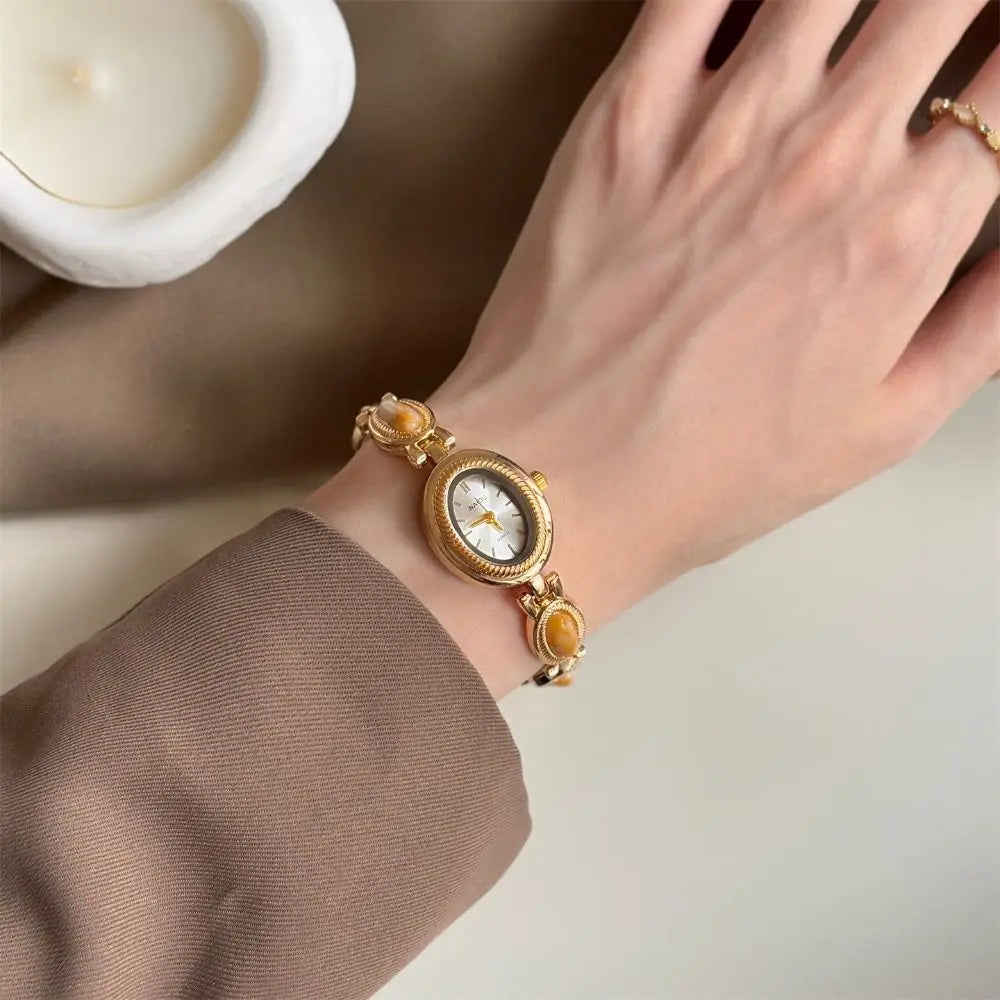 New Colored Gemstones Ladies Watch Elegant Luxury Quartz Watch Gift Oval Wristwatch