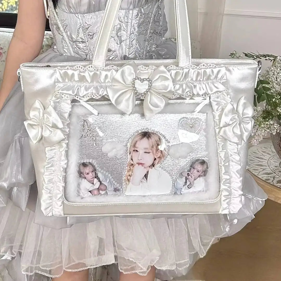 Transparent Y2K Japanese Ita shoulder bag by HSF Marketplace featuring a large-capacity, casual crossbody tote with cute Lolita style details.