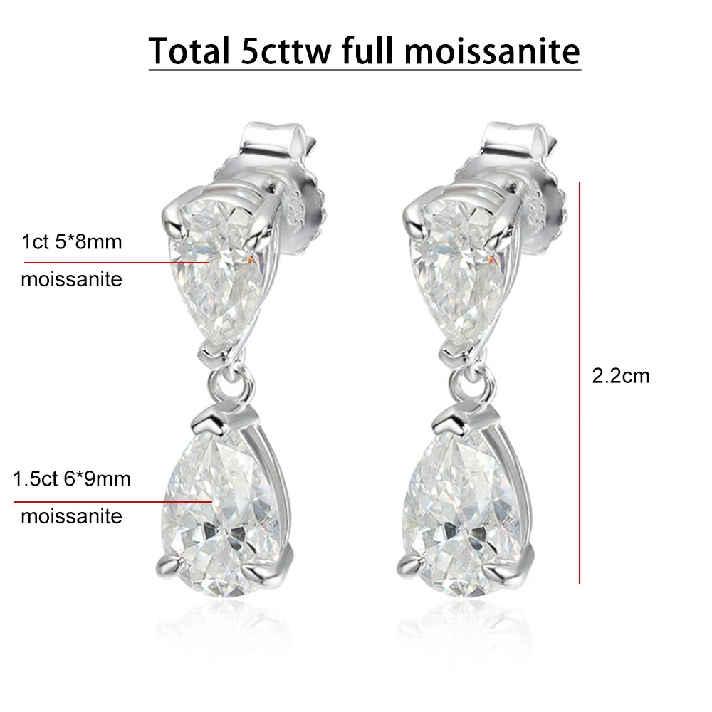Moissanite waterdrop drop earrings in 925 sterling silver, elegant teardrop jewelry design