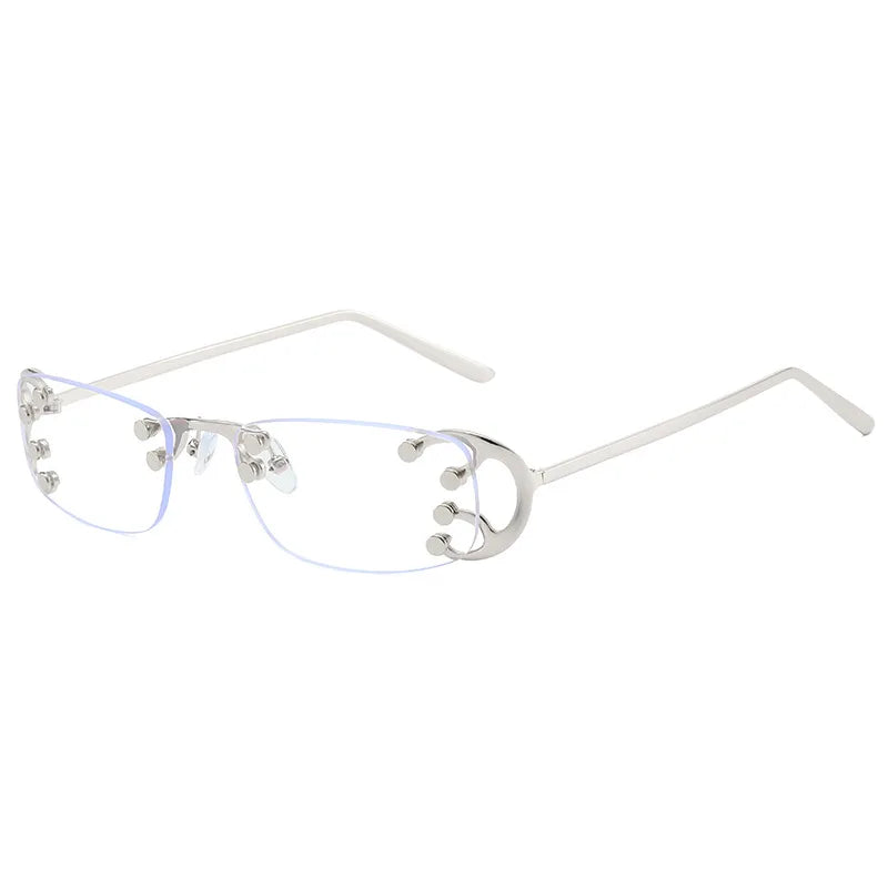 Studded rimless metal frame sunglasses with rectangular UV400 lenses, retro Y2K style, suitable for daily wear and parties.