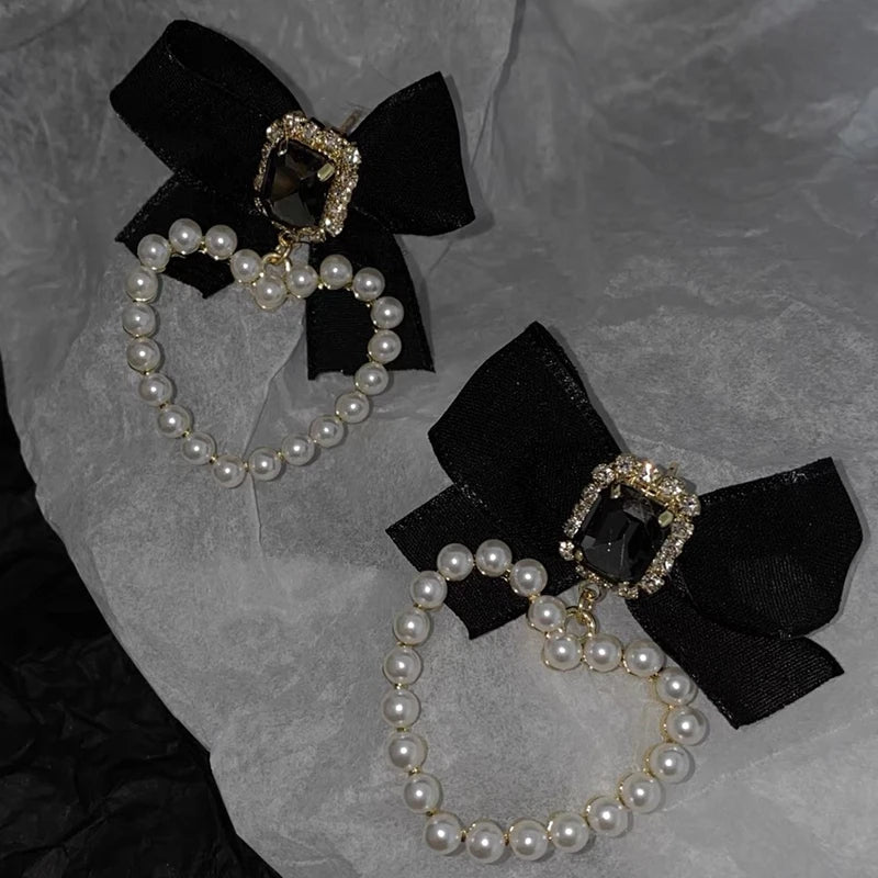 New Korean Trendy 925 Silver Needle Black Bowknot Square Crystal Drop Earrings for Women Elegant Pearl Heart Jewelry Gifts
