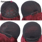 Brazilian Remy human hair wig in burgundy with straight style and bangs, perfect for Halloween cosplay or everyday wear.