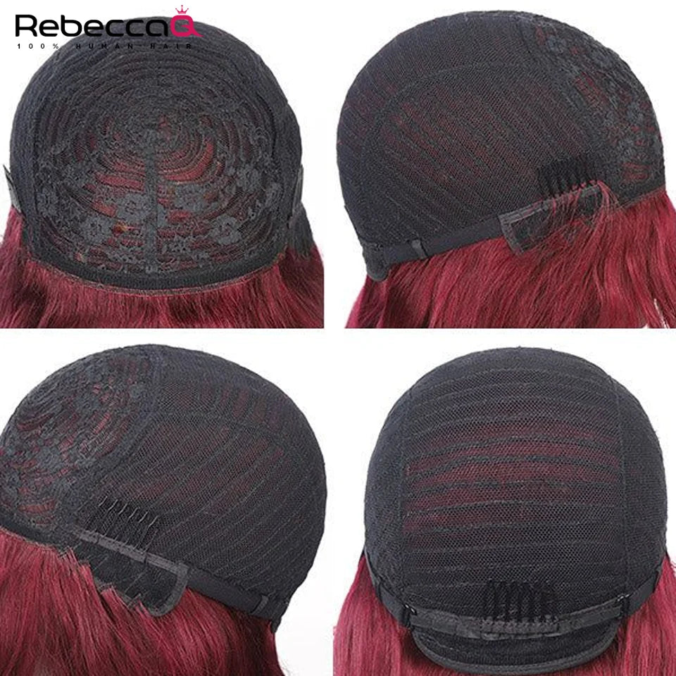 Brazilian Remy human hair wig in burgundy with straight style and bangs, perfect for Halloween cosplay or everyday wear.