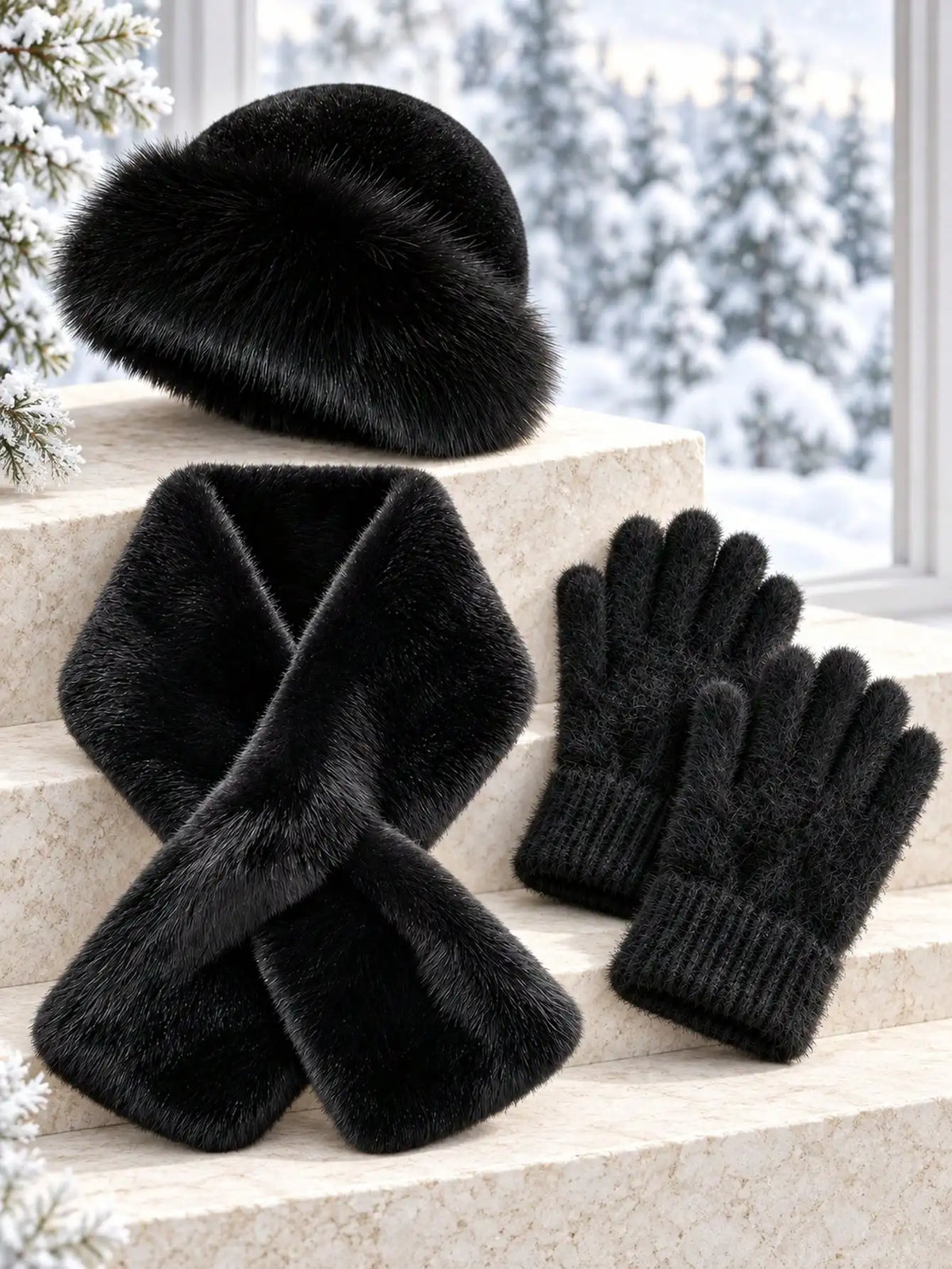 Winter plush warm hat, scarf, and gloves set by HSF Marketplace for outdoor use