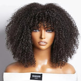 Short curly human hair wig with bangs, glueless afro kinky style, 250 density, machine-made, natural Remy hair for versatile wear.