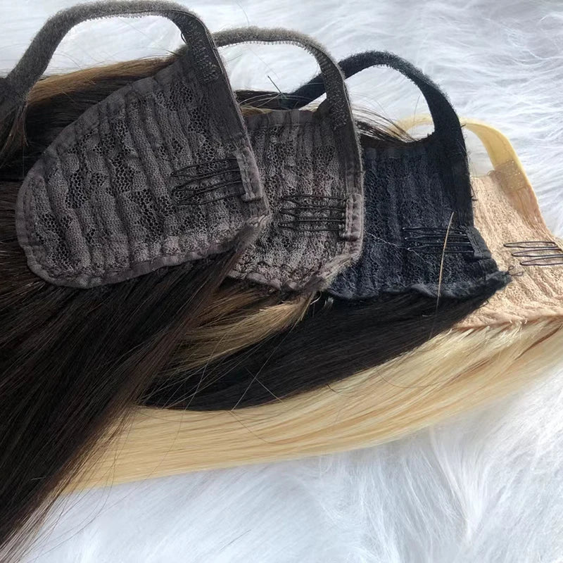 Ponytail human hair P18-1001 wrap-around extension in natural blonde, available in 60g and 100g weights
