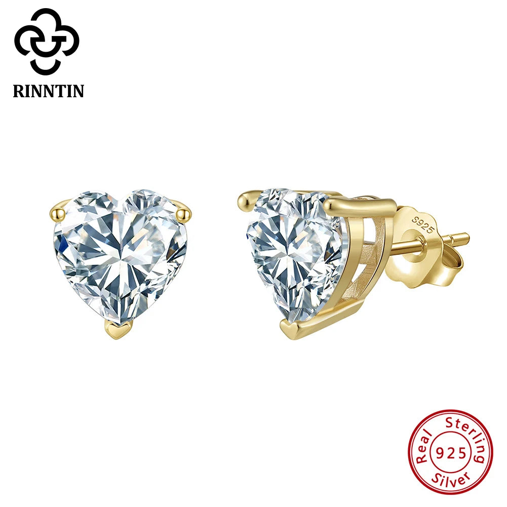 Rinntin Love Heart Cut 5A cubic zirconia stud earrings in 925 sterling silver, heart-shaped design