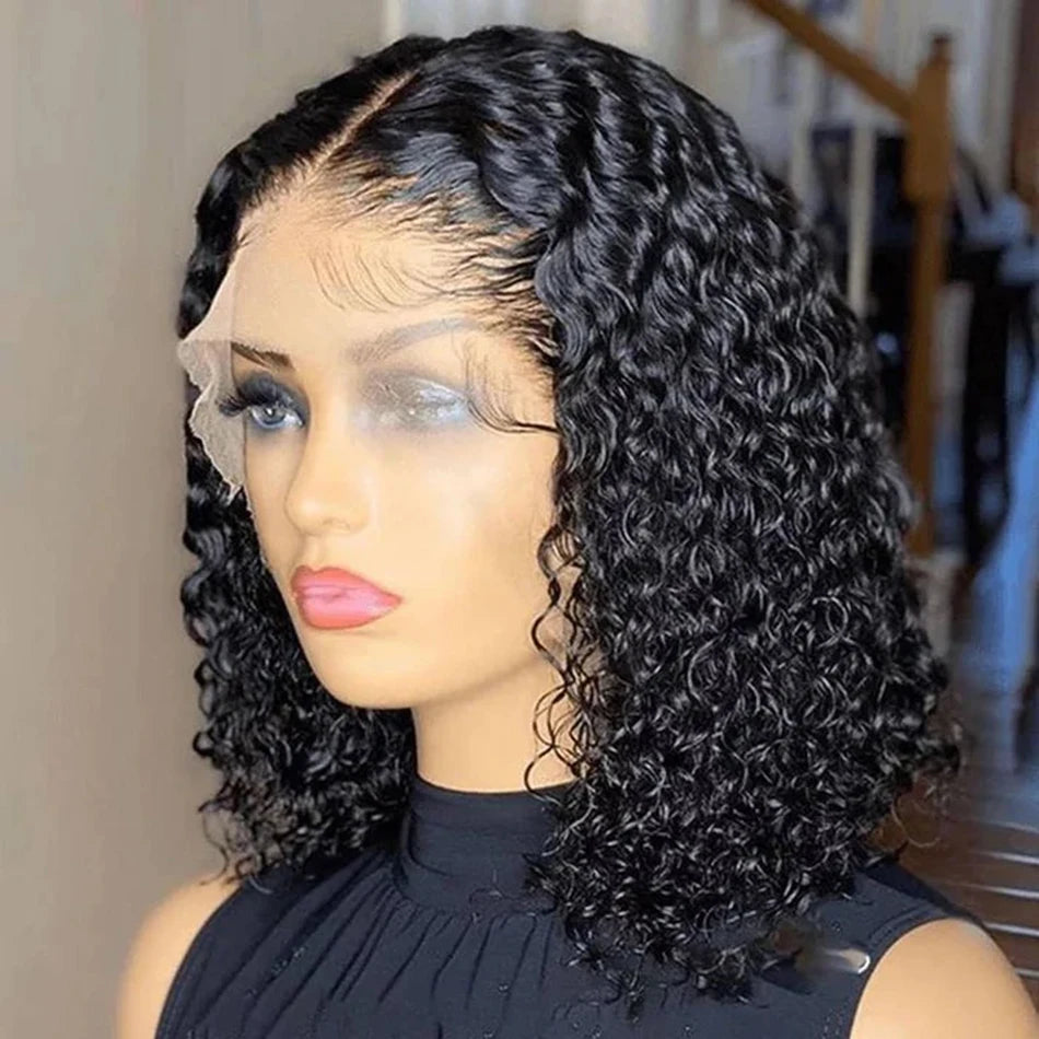Kinky curly lace front human hair wig by HSF Marketplace, ready-to-wear wet and wavy water wave style for women.