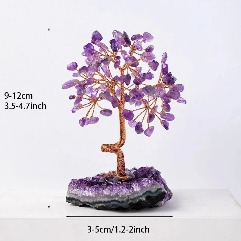 Amethyst Healing Crystals Tree Wrapped with Wire on Natural Crystal Gravel with Base Stone Decoration for Home Desk Living Room