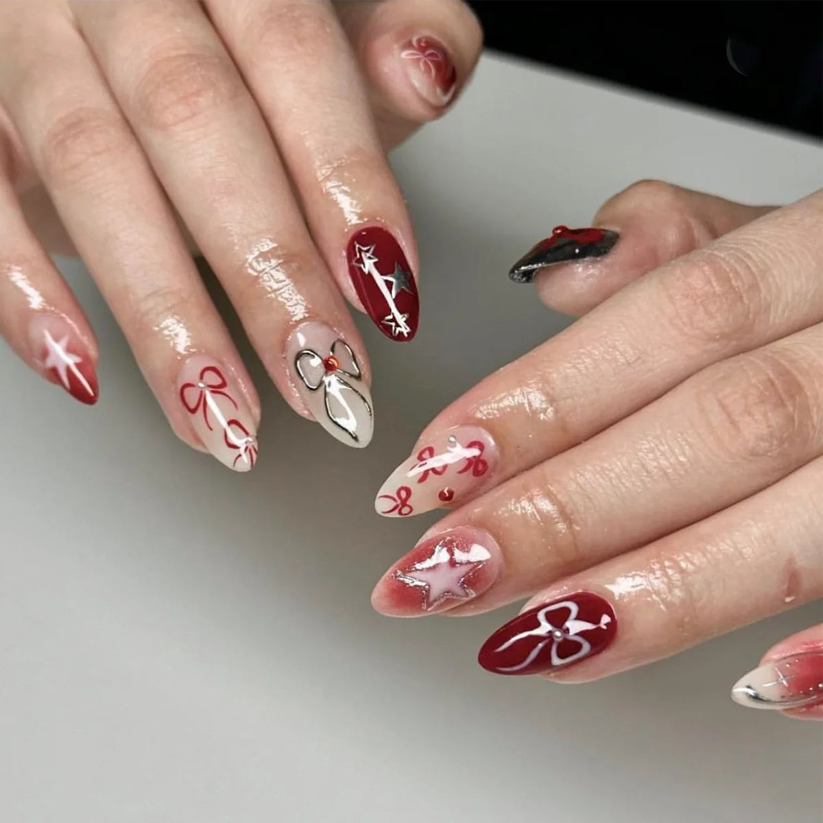 HSF pink almond press-on false nails with bowknots, love hearts, and pearl accents, 24-piece set